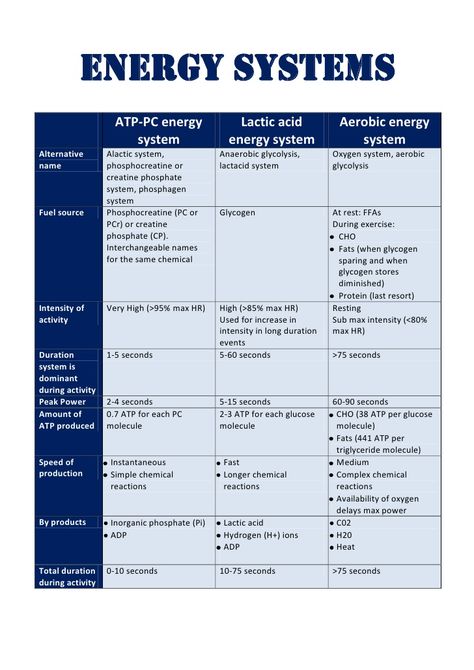 HSCPDHPE - core 2 - Energy system table by Chris Lehner via slideshare Biology Revision, Physical Education Lessons, Exercise Science, Cellular Respiration, Exercise Physiology, Post Pregnancy, Sports Medicine, Energy System, Sports Training