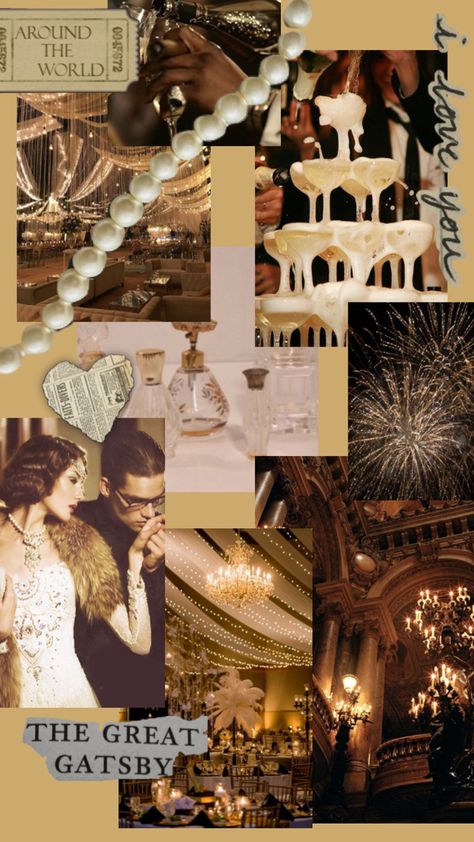 great gatsby themed aesthetic collage Great Gatsby Mood Board, Great Gatsby Collage, Gatsby Party Aesthetic, The Great Gatsby Aesthetic, Great Gatsby Aesthetic, Gatsby Aesthetic, 1920s Great Gatsby, Great Gatsby Theme, Gatsby Theme