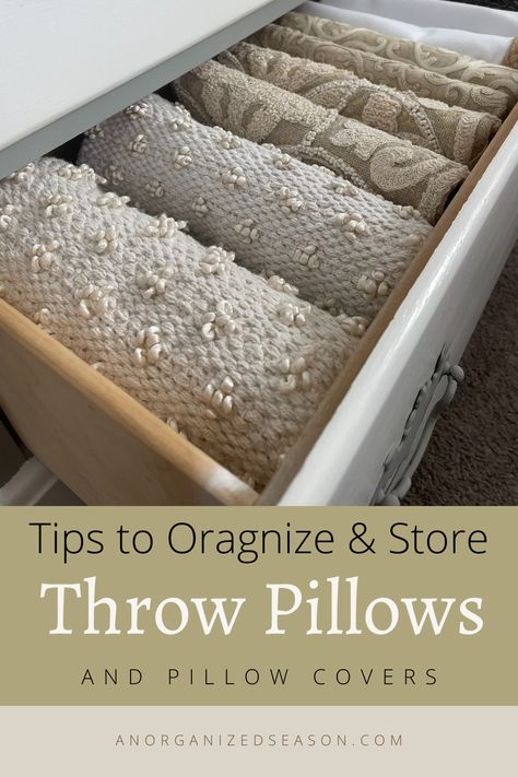 Take a step closer to achieving a clutter-free home by mastering the art of organizing throw pillows. Explore our optimal solutions and innovative storage tips to transform your living space into an oasis of order and calm. Don't forget to pin this guide and follow us for an ongoing dose of home organization inspiration! Storing Throw Pillows, How To Store Extra Pillows, How To Store Decorative Pillows, How To Store Throw Pillows, Throw Pillow Storage Ideas, How To Store Pillows, Pajama Storage, Throw Pillow Storage, Storage For Pillows