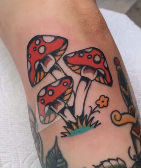 Mushroom Flash, Daisy Flower Tattoos, Mushroom Tattoo, Mushroom Tattoos, Traditional Tattoo Sleeve, Mushroom Drawing, Traditional Tattoo Design, Classic Tattoo, Tattoo Flash Art