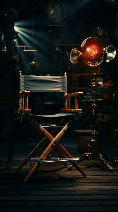 The director's chair anchors the studio, a seat of cinematic authority. Vertical Mobile Wallpaper AI Generated Filmmaking Inspiration, Director's Chair, Music Cover Photos, Film Background, Birthday Photo Banner, Studio Chairs, Cricket Wallpapers, Music Flyer, Directors Chair