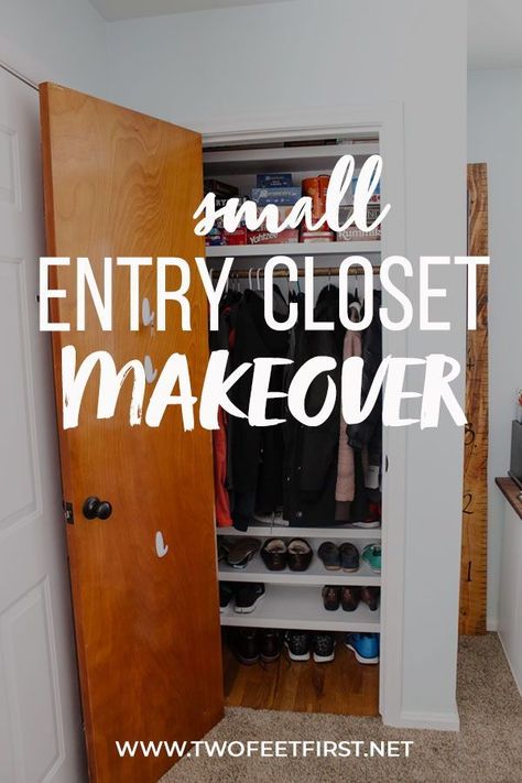 Small Entry Closet Makeover, Small Deep Closet, Coat Closet Design, Small Entry Closet, Entry Closet Ideas, Entry Closet Makeover, Closet Makeover On A Budget, Small Closet Remodel, Entry Closet Organization