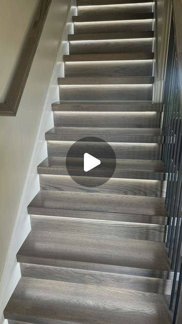 Ryan Pinchum on Instagram: "LED STAIRCASE #diy #tools #work #remodel #entrepreneur #homedecore #homeimprovement #homerenovation #designer #interiordesign #home" Staircase Loft Ideas, Basement Handrail Ideas, Step Ideas Stairs Indoor, Stairs Designs For House, 2 Tone Staircase, Staircase Makeover Tile, Open Staircase Railing Ideas, Stair Steps Ideas, Indoor Steps Ideas Stairs