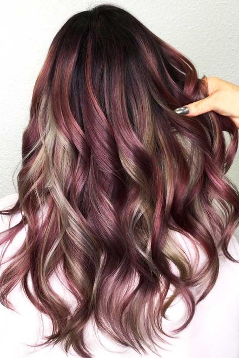 Chocolate Lilac And Grey Highlights #purplehair #highlights Lilac Hair, Burgundy Hair With Highlights, Hair Color 2017, Vlasové Trendy, Balayage Blonde, Hair Color Auburn, Burgundy Hair, Hair Shades, Hair Color And Cut