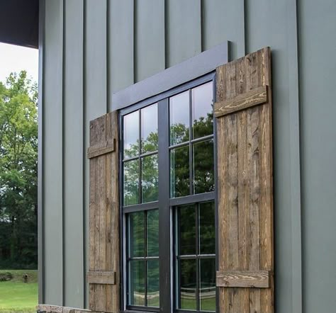 Moss Green house - Black Trim (Dark) Stained Shutters, Private Lake, Exterior Window, Indian Lake, Wooden Shutters, Brick Exterior House, Exterior Makeover, Modern Farmhouse Exterior, Inspire Me Home Decor