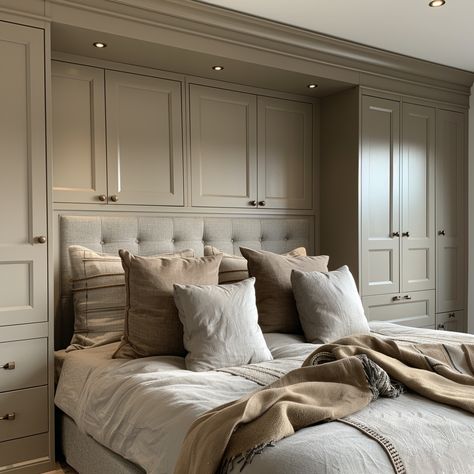 Fitted Wardrobes With Bed In The Middle | Over bed storage Bedroom Closet Around Bed, Built In Bed With Closet, Fitted Wardrobe Ideas Master Bedrooms, Bedroom Inspirations Fitted Wardrobes, Bedrooms With Lots Of Storage, Built In Bedside Tables Master Bedrooms, Over Bed Cupboards, King Bed In Closet, Bedroom Built In Wardrobe Around Window