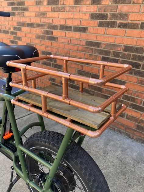 I made a copper tubing basket for my radrunner. : RadPowerBikes Diy Bicycle Basket, Diy Bike Basket, Bike Accessories Diy, Rear Bike Basket, Bicycle Crafts, Bicycle Baskets, Bicycle Diy, Velo Cargo, Coffee Bike