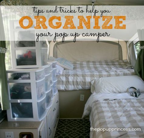 How We Organize Our Pop Up Camper -  Keeping our camper stocked and organized makes preparing for a road trip a breeze.  See how we make the most of our camper's storage spaces. Tent Trailer Camping, Tent Camping Organization, Pop Up Tent Trailer, Pop Up Trailer, Camper Organization, Camper Hacks, Camping Storage, Camper Storage, Camping List