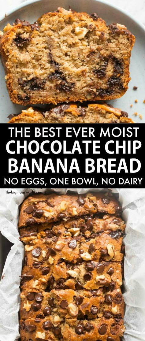 Banana Bread No Eggs, Winter Snacks, Chocolate Chip Banana Bread Recipe, Chocolate Chip Bread, Chocolate Chip Banana, Egg Free Recipes, No Dairy, Dessert Dips, Chocolate Chip Banana Bread