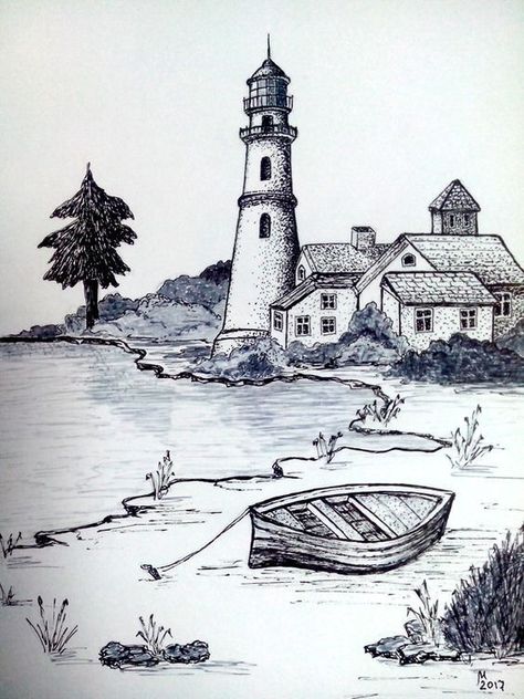 Sketches Nature, Lighthouse Drawing, Easy Pencil Drawings, Drawing Sites, Landscape Pencil Drawings, Drawing Hands, Drawing Hair, Cool Pencil Drawings, Pencil Drawings Easy