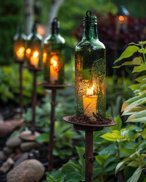 Glass Bottle Halloween Decor, Liquor Bottle Repurpose, Recycling Glass Bottles Ideas, Wine Bottle Greenhouse, Wine Bottle Garden Art, Used Wine Bottle Ideas, Reuse Glass Bottles Diy Ideas, Wine Bottle Lamps Diy, Recycled Bottle Art