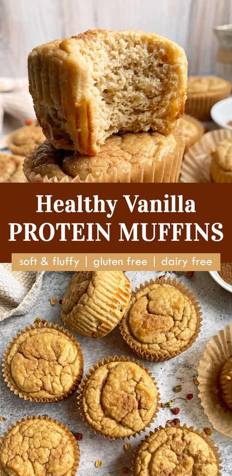 These healthy vanilla protein muffins are made with almond flour and pea protein. They are light, fluffy and moist - not dry like many protein muffin recipes. This recipe is gluten free, dairy free, low sugar and paleo friendly. #vanillaproteinmuffins #proteinmuffins #paleo #glutenfree Paleo Protein Snacks On The Go, Baking With Vanilla Protein Powder, Gluten Free Dairy Free Protein Muffins, Protein Shake Muffins, Vanilla Protein Dessert Recipes, Nut Free Protein Muffins, Protein Muffins With Almond Flour, Flourless Protein Muffins, High Protein Snacks Gluten And Dairy Free