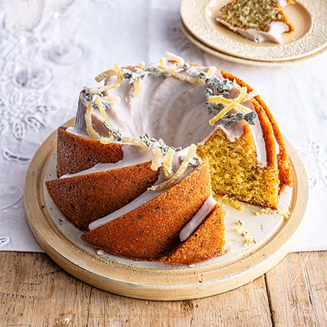 Prue Leith's Lemon & Thyme Bundt - The Great British Bake Off Thyme Cake, British Baking Show Recipes, British Bake Off Recipes, Prue Leith, Bake Off Recipes, Floral Dessert, Lemon Sponge, The Great British Bake Off, Lemon Thyme