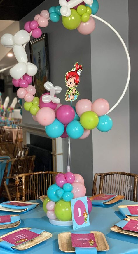 Yabba Dabba Doo! | CatchMyParty.com Yabba Dabba Two Birthday Girl, Flintstones Party Ideas, Pebbles Birthday Party Ideas, Yabba Dabba Two Birthday, Pebbles Birthday Party, Flintstone Party, Angel Decorations, Baby Birthday Party Theme, 1st Birthday Party Themes