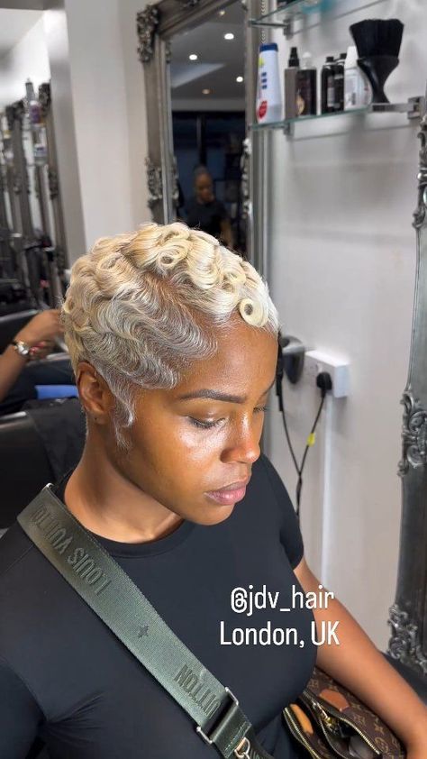 Pixie With Hat, Silver Short Hair Black Women, Platinum Blonde Finger Waves Black Women, Micro Pixie Haircut, Nia Long Short Hair, Blonde Pixie Haircut Black Women, Womens Essentials, Finger Waves Short Hair, Short Hair Bride