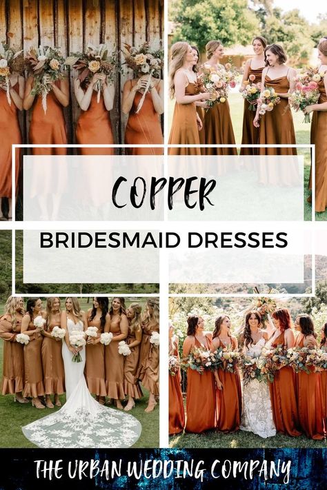 4 different images of bridesmaids in copper dresses Copper Bridesmaid Dress, Copper Bridesmaid, Copper Bridesmaid Dresses, Bridesmaid Dress Trends, Bridesmaid Dress Ideas, Bridesmaid Outfits, Outfits Styling, Styling Guide, Bridal Jumpsuit