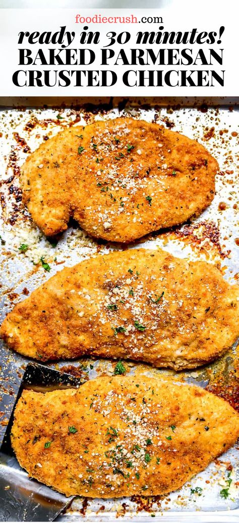 READY IN 30 MINUTES! BAKED PARMESAN CRUSTED CHICKEN | foodiecrush.com This easy Parmesan crusted chicken recipe layers mayo, bread crumbs, and high heat to make it crispy on the outside, juicy on the inside, and ready to eat in just about 30 minutes. #chicken #dinner #parmesan #baked #mayonnaise Mayo Bread, Easy Parmesan Crusted Chicken, Baked Parmesan Crusted Chicken, Parmesan Crusted Chicken Recipe, Chicken Parmesan Recipe Easy, Crusted Chicken Recipes, Chicken Cutlet Recipes, Cutlets Recipes, Parmesan Crusted Chicken