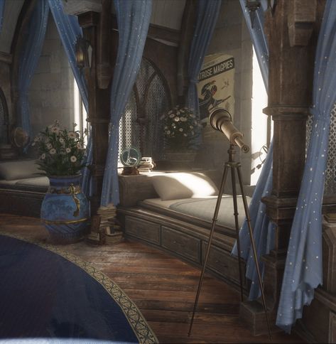 Secrets Of Moonacre Bedroom, Ravenclaw Dormitory Hogwarts Legacy, Hogwarts Dorm Room Ravenclaw, Magical Dorm Room, Harry Potter Dorm Room Ideas Shifting, Harry Potter Ravenclaw Bedroom, Ravenclaw Dorm Aesthetic, Ancient Magic Hogwarts Legacy, Hogwarts Dorm Aesthetic