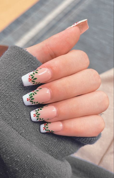 White French Tip With Mistletoe, Mistoetle Nails, French Tip With Mistletoe, Mistle Toe Nails, Mistletoe French Tip Nails, Nails With Mistletoe, Christmas Coffin Nail Designs, Mistletoe Nails, Biab Nails