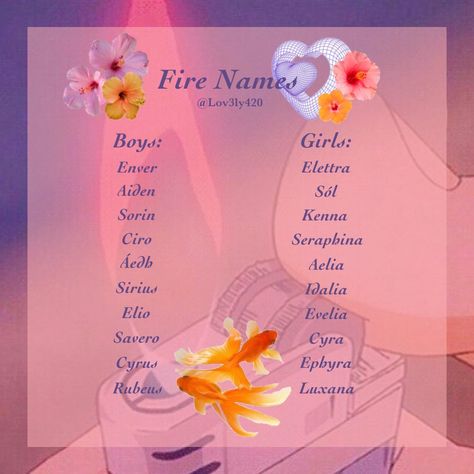 Fire Based Names, Fire Inspired Names, Fire Themed Names, Fantasy Names Meaning Fire, Fire Names For Boys, Fire Names Girl, Fire Related Names, Names That Mean Fire, Names Meaning Fire