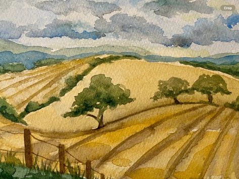 Autumn Art Painting Watercolour, Harvest Drawing, Watercolour Field, Harvest Watercolor, Tuscany Watercolor, Autumn Field, Tuscany Landscape, Watercolor Art Landscape, Diy Watercolor Painting