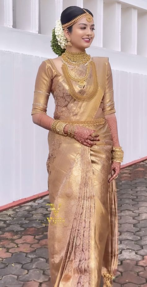 Saree Golden, Cotton Dress Pattern, Golden Saree, Bride Photos Poses, Marriage Dress, Fashionable Saree Blouse Designs, Golden Colour, Indian Bridal Fashion, Saree Models