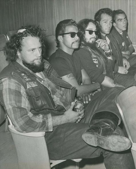 November 9, 1965: Five members of the Hells Angels Motorcycle club appeared in court in Berkeley, CA, in connection with a recent anti-U.S. in Vietnam demonstration. Per the back of the photo: "Only Michael Sonny Barger, Hells Angles, Panhead Chopper, Motorcycle Gang, Biker Clubs, American Motorcycles, Motorcycle Pictures, Biker Gang, Motorcycle Club