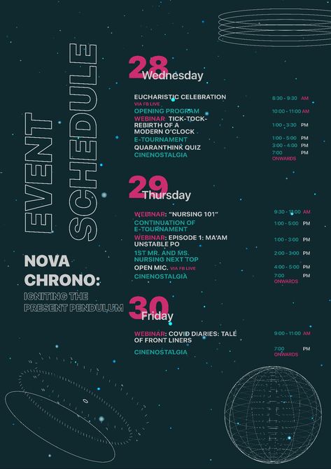 Monochrome Design Graphic, Event Schedule Poster, Space Theme Graphic Design, Nasa Graphic Design, Timetable Design, Dies Natalis, Newsletter Design Inspiration, Tournament Poster, Event Agenda