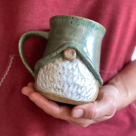 Gnome Ceramic Mug, Fun Pottery Gifts, Pottery Gift For Him, Textured Mugs Pottery, Hand Built Pottery Gnomes, Ceramic Mug Glazing Ideas, Best Selling Ceramics, Pottery Gnomes Ideas, Pottery Gift Ideas Diy