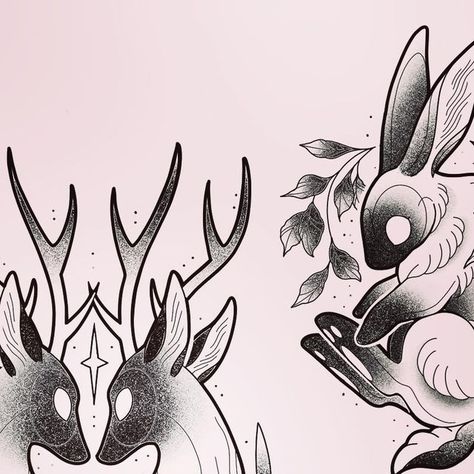 Dragon Illustration Tattoo, Two Headed Rabbit Tattoo, Caribou Tattoo, Elk Tattoo, Mystical Tattoos, Rabbit Tattoos, Dragon Illustration, Minimalist Tattoos, Rabbit Art