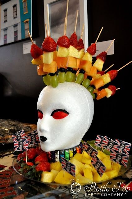 Baby Fruit Kabob Display Ideas | Punk rock fruit kabob display 80s Party Foods, Festa Rock Roll, Punk Rock Baby, Rockstar Party, 80s Birthday Parties, Rock Star Birthday, Dekorasi Halloween, Rock N Roll Party, Rock Star Party