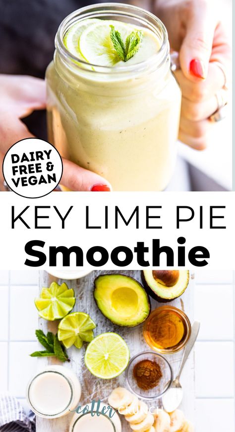 Need smoothie ideas? This vegan green smoothie is creamy, with the citrus flavor of key lime pie! Make this low carb, dairy free smoothie recipe for a healthy dessert, easy snack, or a filling breakfast shake. It’s nutrient-rich for your digestion and keto friendly. This key lime pie recipe is the perfect way to have your cake and eat it too if you have health goals. Coconut Lime Smoothie, Key Lime Pie Protein Shake, Lemon Lime Smoothie, Keto Drinks And Smoothies Recipes, High Protein Low Calorie Smoothies, Key Lime Smoothie, Paleo Key Lime Pie, Lime Smoothie Recipes, Key Lime Pie Smoothie