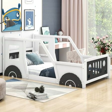 Bedtime just got more fun with this kids car-themed bed! Your mini driver will enjoy the realistic look and space to spread out in their own twin-sized bed. This cool bed frame features tires, rims, and decals that look just like a real car. Any automotive fan will be excited to fall asleep in this bed after tons of playtime pretending to be a real driver! Having blue and white for you to choose, suit for any room decorations. Pattern: solid. House Bed Boys Room, Car Toddler Room, Cool Bed Frames, Boys Car Bedroom, Boy Car Room, Toddler Car Bed, Kids Car Bed, Car Themed Bedrooms, Toddler Bed Boy