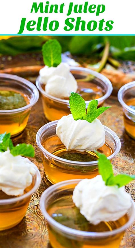 Mint Julep Jello Shots with mint-flavored whipped cream. #derby #KentuckyDerby Summer Jello Shots, Derby Food, Kentucky Derby Recipes, Derby Recipe, Julep Recipe, Kentucky Derby Party Food, Mint Julep Recipe, Spicy Southern Kitchen, Flavored Whipped Cream