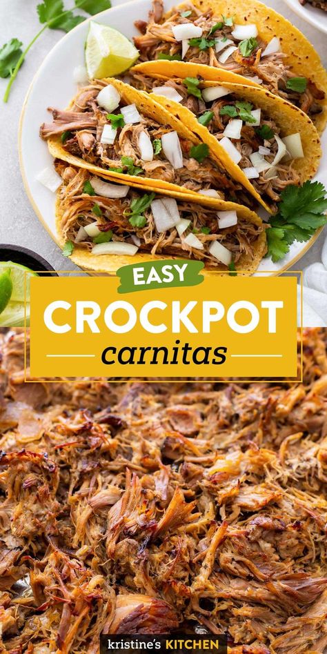 The BEST Carnitas Recipe!! This Mexican pulled pork is tender and juicy with the best crispy edges. Making this crockpot carnitas recipe in the slow cooker means it's easy and perfect for making ahead. Use this crispy carnitas to make pork tacos, enchiladas, quesadillas, nachos, plus more meal ideas for leftover carnitas. Best Carnitas Recipe, Crockpot Carnitas Recipes, Best Carnitas, Leftover Carnitas, Crispy Carnitas, Crockpot Carnitas, Mexican Pulled Pork, Crock Pot Pulled Pork Recipe, Pork Crockpot Recipes