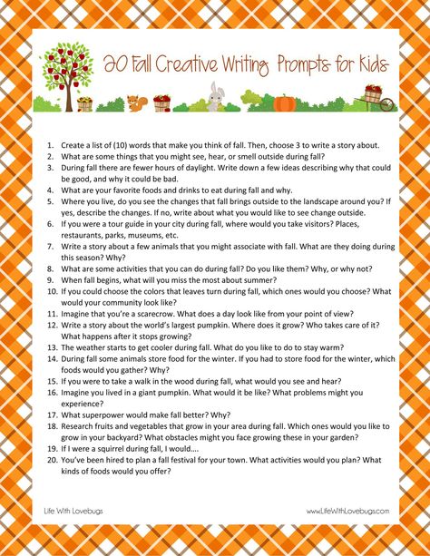 20 Fall Writing Prompts for Kids - Life With Lovebugs Storytelling Prompts, Fall Writing Prompts, November Writing Prompts, Thanksgiving Writing Prompts, Creative Writing Worksheets, Preschool Journals, 500 Word Essay, Writing Club, Journal Prompts For Kids