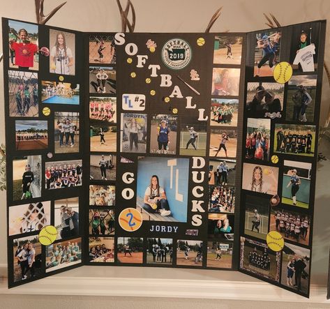 Senior Poster Board Ideas Volleyball, Posterboard Projects For School, Graduation Photo Boards, Graduation Party Picture Display, Memorial Service Decorations, Tri Fold Poster, Volleyball Senior Night, Basketball Senior Night, Graduation Party Pictures