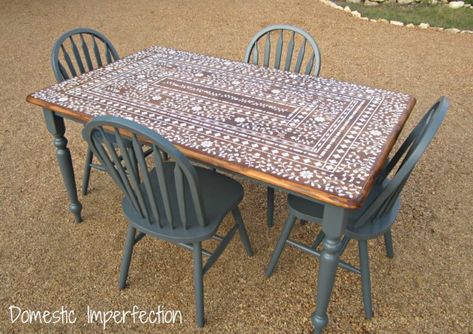 Stenciled Tables, Dining Set Makeover, Paisley Stencil, Stenciled Table, Inlay Table, Accent Wall Stencil, Diy Muebles Ideas, Bone Inlay Furniture, Inlay Furniture