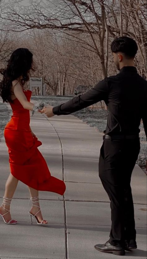 Red Dress And Black Suit Couple, Red Black Couple Outfits, Suit And Dress Couple Outfit Elegant, Black And Red Couples Outfits, Red Dress Black Suit Couple, Black Formal Couple Outfit, Couple Dressed Up, Red Dress And Suit Couple, Red Prom Aesthetic