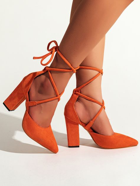 Orange Wedding Shoes, Orange High Heels, Feminine Shoes, Orange Heels, Wrap Shoes, Strappy Pumps, Shoes Heels Classy, Chunky Heel Shoes, Orange Shoes