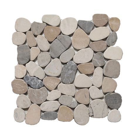 Natural stone mosaic tile for interior and exterior floor and wall use. Great for shower floors and backsplashes. Hand sorted, mesh mounted Indonesian stones. Tile Connection Coins Mosaic 11-Pack Light Grey /Tan/Off White 12-in x 12-in Tumbled Natural Stone Marble Pebble Floor and Wall Tile | XC3RLTW River Rock Shower, Pebble Stone Flooring, Pebble Shower Floor, Stone Mosaic Floor, Pebble Mosaic Tile, Rock Tile, Pebble Floor, Pebble Tile, Shower Floor Tile