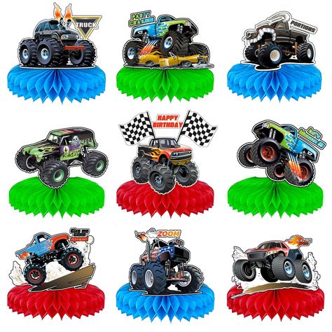 Truck Birthday Decorations, Festa Monster Truck, Kids Party Centerpieces, Truck Party Favors, Truck Theme Birthday, Themed Centerpieces, Transportation Birthday Party, Birthday Party Essentials, Transportation Birthday