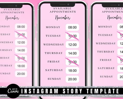 Instagram Story Availability Calendar, Nail Tech Booking Calendar, Hairdresser Calendar Template, Lash tech Calendar, Available, Nails Booking Calendar, Appointment Calendar, Lash Tech, For Lash, Social Media Templates, Instagram Story Template, Story Template, Calendar Template, Esthetician