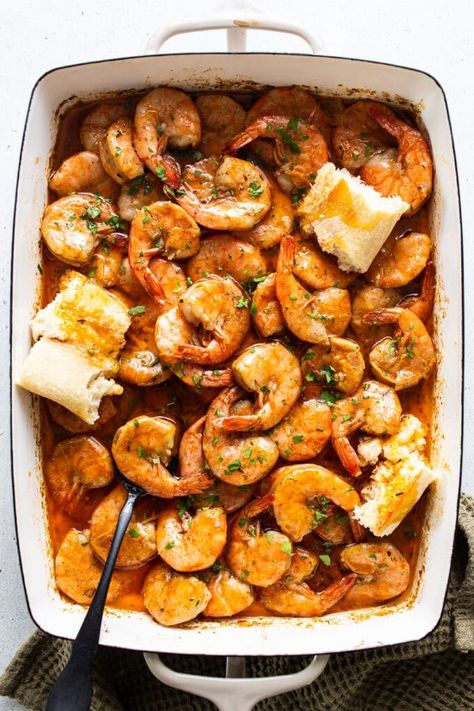 Baked New Orleans BBQ Shrimp Louisiana Shrimp Bake, New Orleans Barbecue Shrimp, Barbecue Shrimp Recipe New Orleans, Barbequed Shrimp, Shrimp New Orleans Recipe, Louisiana Bbq Shrimp, Comfort Food Appetizers, Louisiana Shrimp, Shrimp Dinners