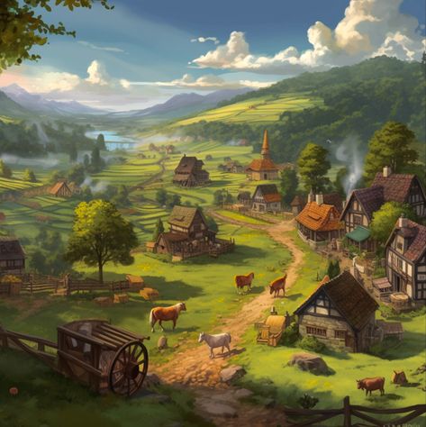 Fantasy Farming Town, Farming Village Fantasy Art, Fantasy Rural Village, Farming Village Concept Art, Fantasy Town Art Landscapes, Medieval Farming Village, Dnd Village Art, Fantasy Farmland Landscape, Fantasy Farming Village