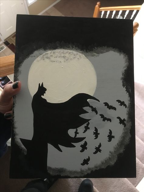 Batman painting Batman Aesthetic Painting, Batman Paintings On Canvas, Spiderman And Batman Painting, Batman Painting Easy, Batman Canvas Painting, Dc Painting, Name Art Projects, Spiderman Painting, Batman Painting