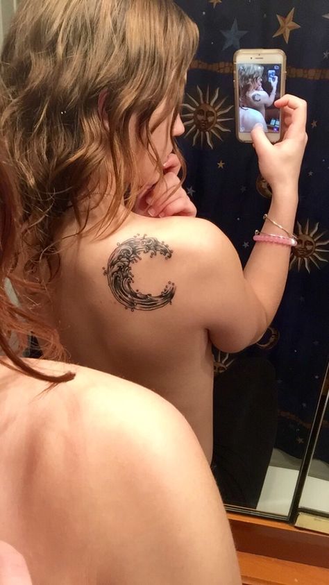 Crescent moon and crashing wave tattoo, black and white Wave Tattoo Black And White, Wave Tattoo Black, Moon River Tattoo, River Tattoo, Heart Wave, Tattoo Black And White, Crescent Moon Tattoo, Water Tattoo, Wave Tattoo