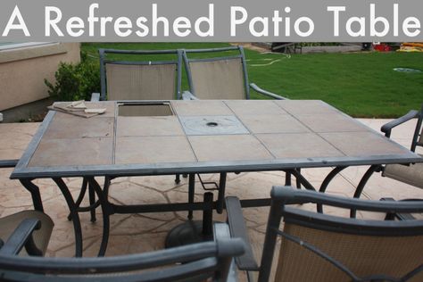 Refreshed Patio Table using spray paint and new tiles - by Denise Designed Patio Table Redo, Tile Patio Table, Diy Patio Ideas, Patio Furniture Makeover, Best Exterior Paint, Painted Patio, Outdoor Patio Table, Patio Dining Table, Table Makeover