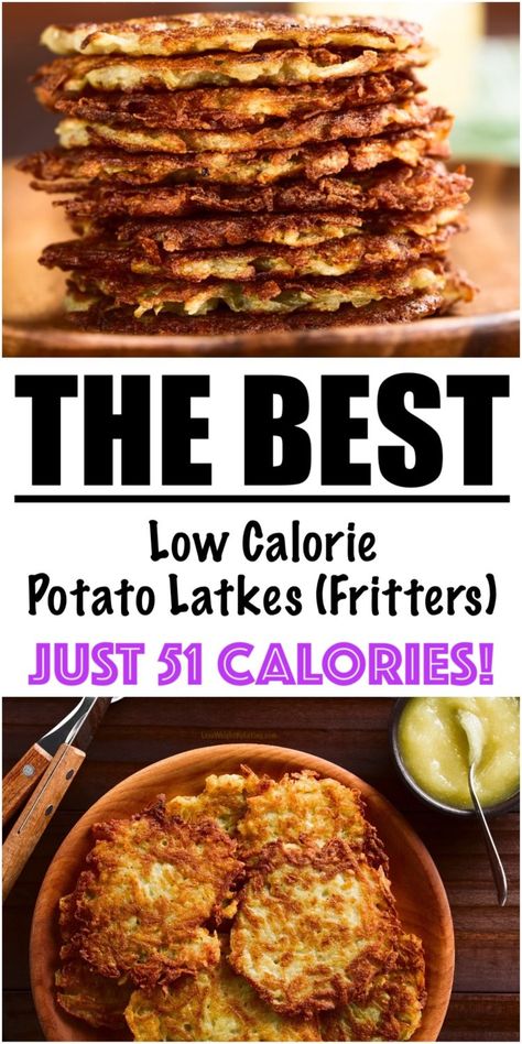 Easy Recipe for Potato Latkes {JUST 51 CALORIES} Low Carb Potato Pancakes, Low Cal Potato Recipes, Potato Recipes Low Calorie, Low Calorie Potato Recipes, Potato Latkes Easy, Potato Latkes Recipe, Potato Fritters Recipe, Latkes Recipe, Potato Latke Recipe