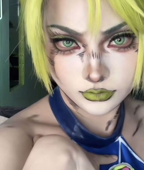 Jjba Makeup Tutorial, Jojo Style Clothes, Jolyne Cujoh Cosplay, Jojo's Bizarre Adventure Makeup, Jolyne Kujo Makeup, Jojo Cosplay Makeup, Video Game Makeup, Facepainting Ideas Aesthetic, Jojo Inspired Outfits